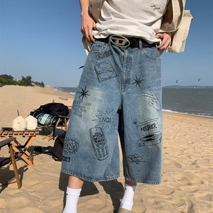 American Style Retro Graffiti oversize Pants Men's Trendy Brand Cropped Jeans Street Summer Loose Casual Shorts