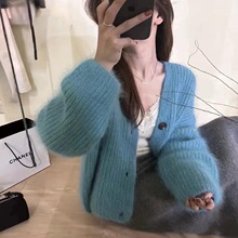 韩系软糯毛毛针织开衫女秋款V领宽松显瘦短外套百搭气质毛衣上衣