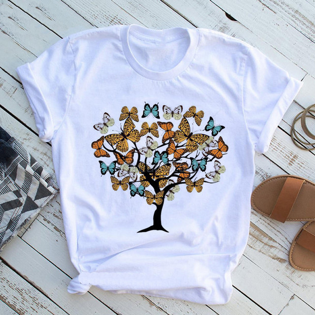 2024 Butterfly Tree T-Shirt butterfly tree printed women's casual short sleeved T-shirt_voghion.com