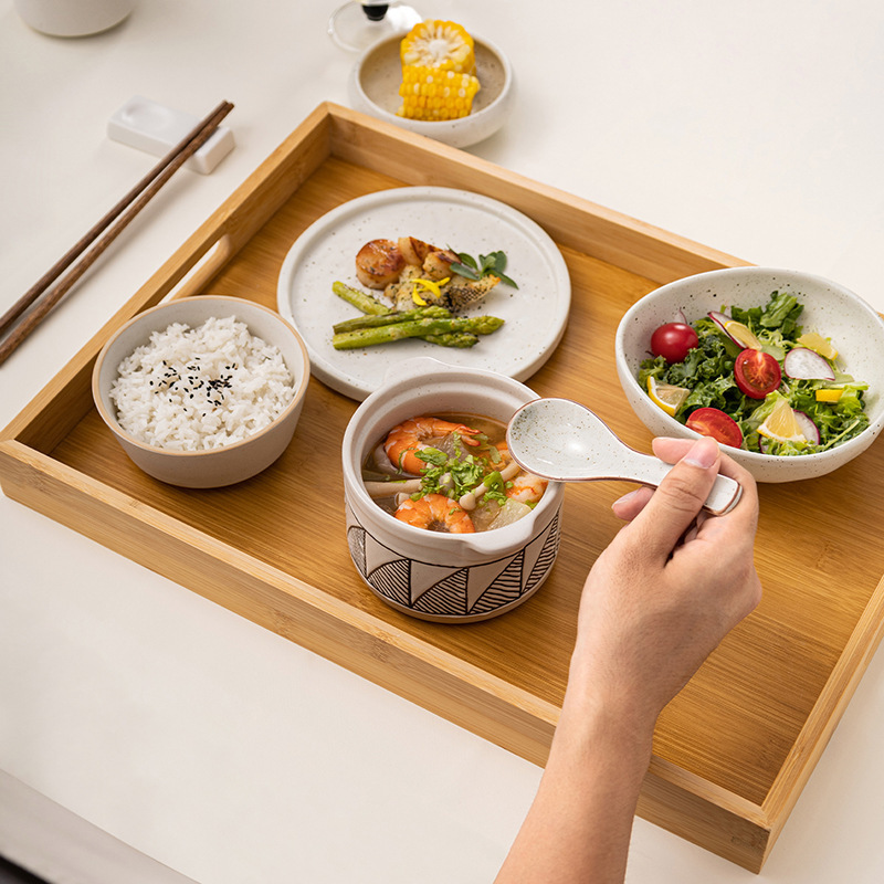 Ceramic postpartum tableware set for one person, tray and plate set, high-end rustic postpartum ware with underglaze decoration