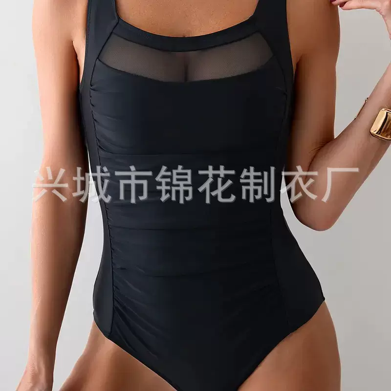 新款欧美爆款性感时尚新款女装网纱拼接褶皱遮肚显瘦三角连体泳衣