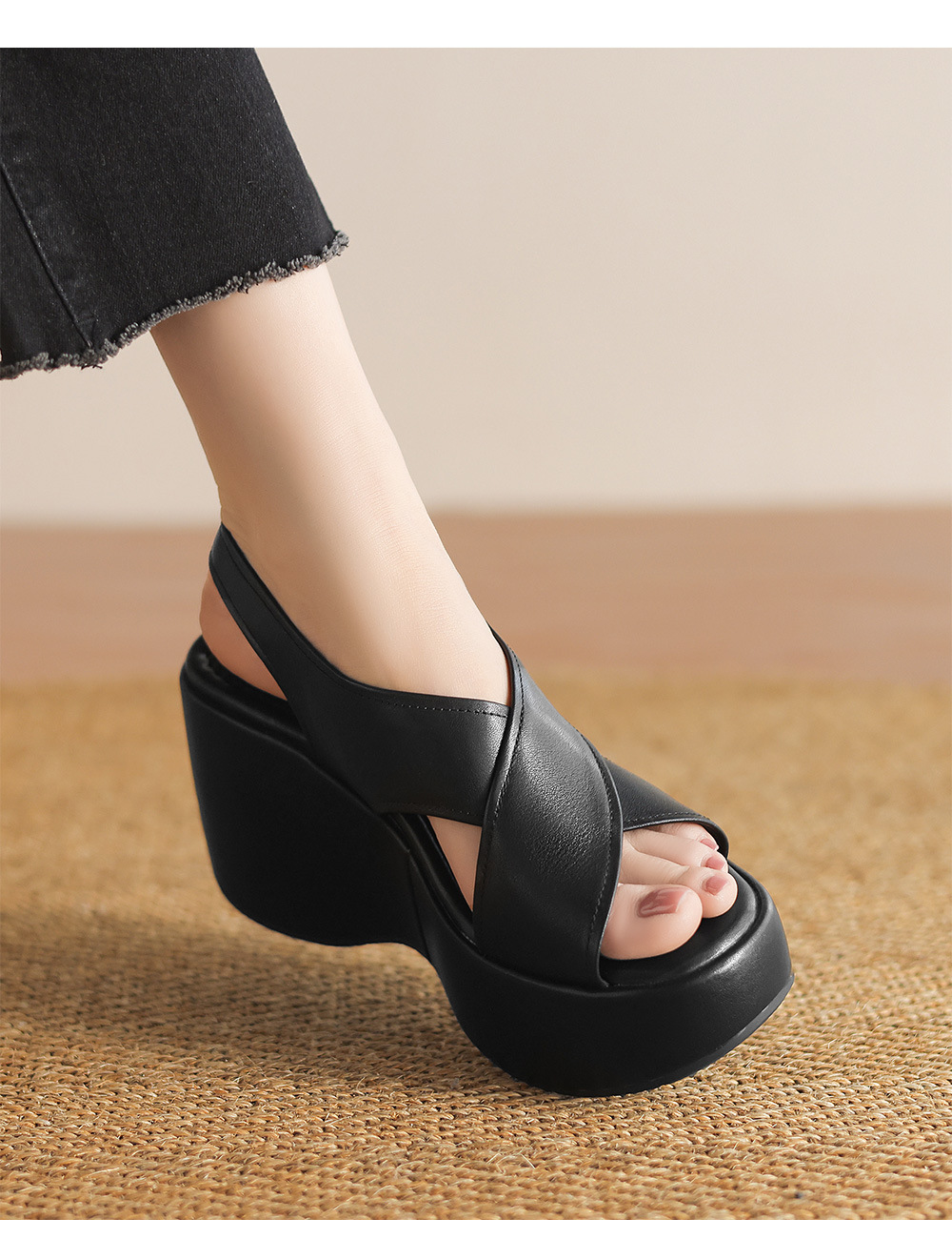 Sandal hở mũi da thật quai chéo kiểu Pháp, gót xuồng cao 9 cm, dáng thon gọn — Màu đen, Màu trắng be chi tiết 12