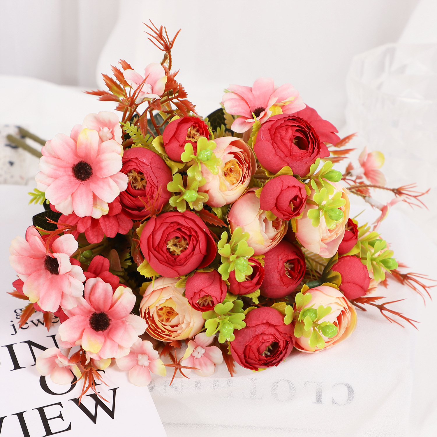 玫瑰苞茶花苞歐式包芯假花束婚慶仿真花家居花人造絹花伊美玫瑰蕾