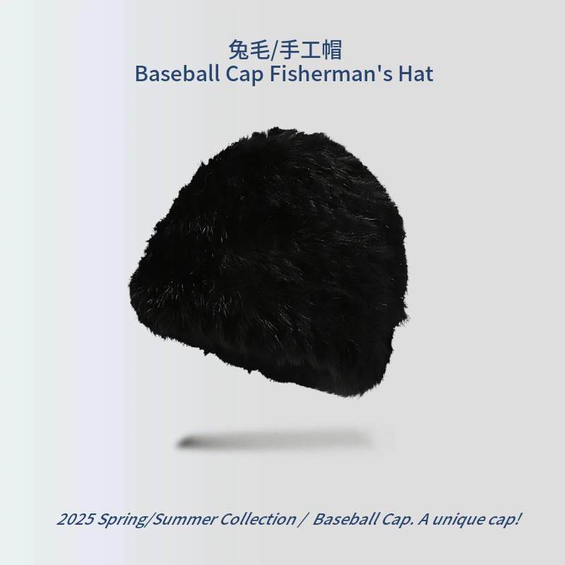 【D63 토끼털 헤어밴드 모자】블랙