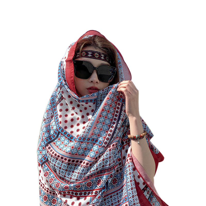 Artístico étnico floral bufanda de seda protector solar Toalla de playa al aire libre habitación con aire acondicionado chal de doble uso algodón y lino sensación bufanda grande
