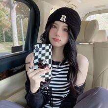 秋冬新款针织帽R字母百搭显脸小ins韩版毛线帽保暖包头护耳套头帽
