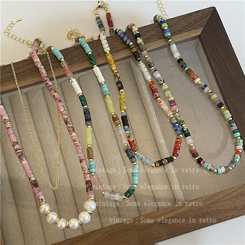 Colorful natural stone gold beads hand-beaded necklace national trend stacked clavicle chain high-end forest neck chain Europe and America