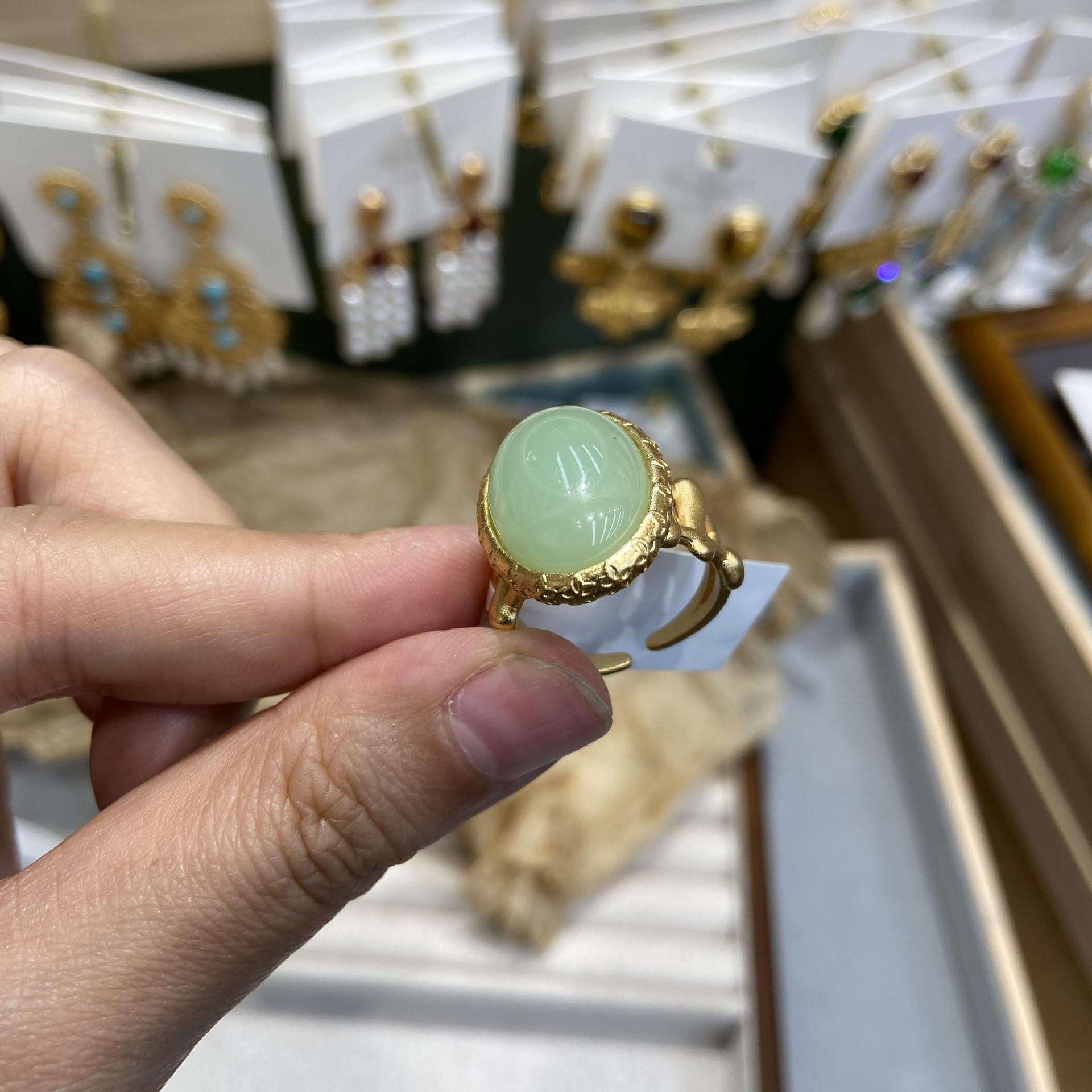 Bague Ouverte En Agate Jade Vert Style Rétro Palais Français_voghion.com