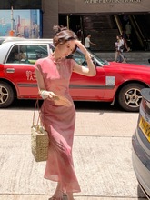 新中式国风改良旗袍镂空盘扣连衣裙复古小立领长裙子粉色弹力大码