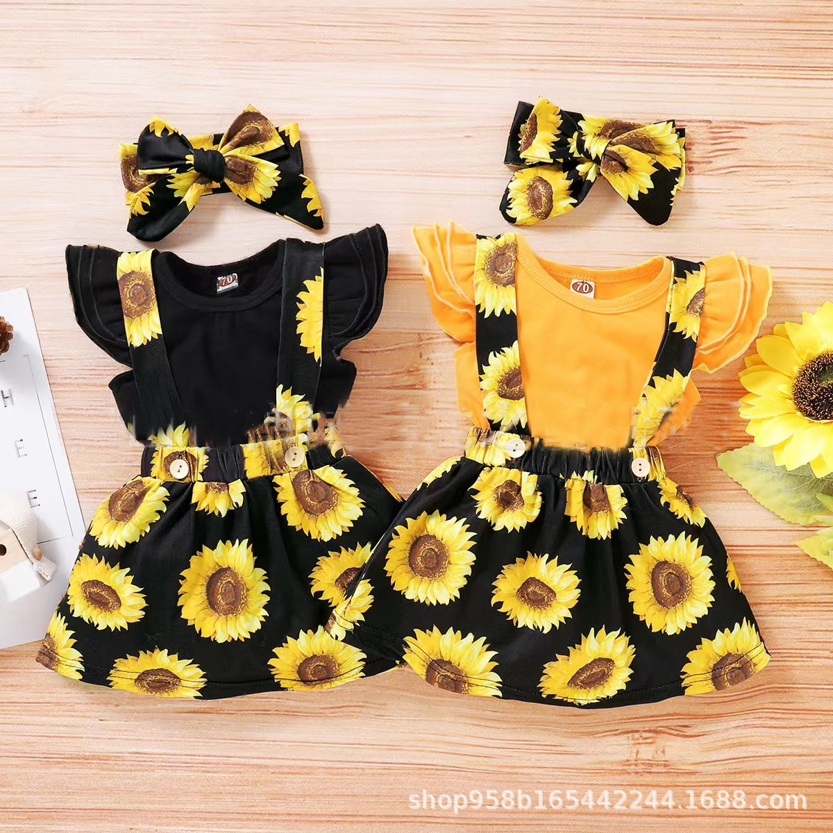 ins Baby Chiffon Bow Set Sunflower Head Flower Baby Strap Skirt Two-Piece Set Wholesale Hakai Outer