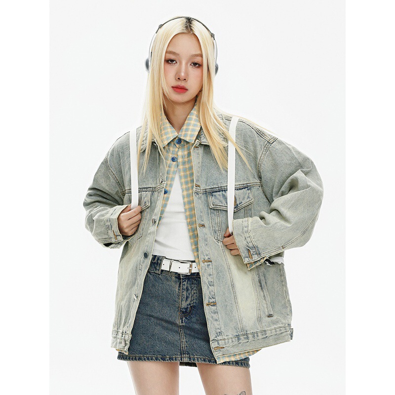 Cross-Border Export American Simple Retro Washed Denim Jacket Women's Bf Style Loose Couple Versatile Denim Jacket