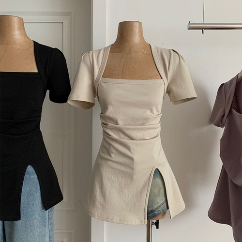 French Pure Desire Style Split Collar Short Sleeve T-shirt for Women 2025 Summer Design Focused Uncommon Chic Mini Top