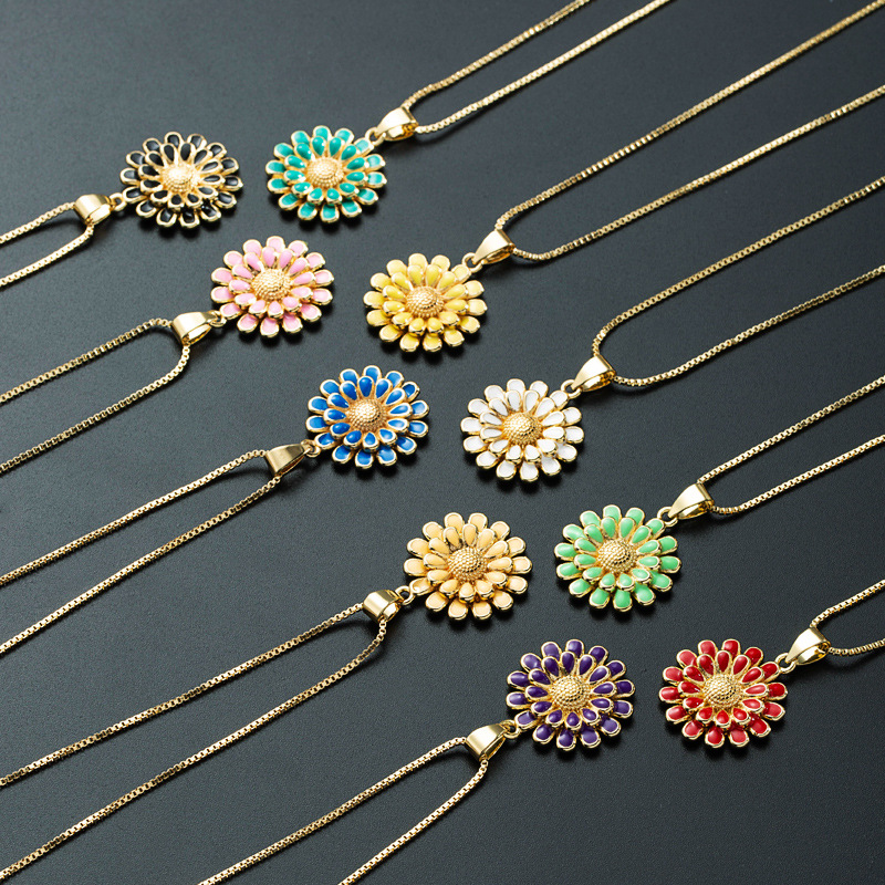 Nihaojewelry wholesale jewelry simple sunflower pendant copperplated 18K gold dripping oil necklacepicture14