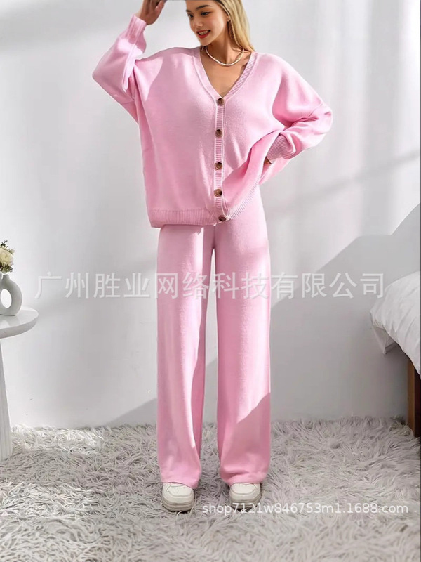 欧美跨境外贸秋冬新款女士时尚针织套装长袖v领纽扣 开衫长裤优雅|undefined