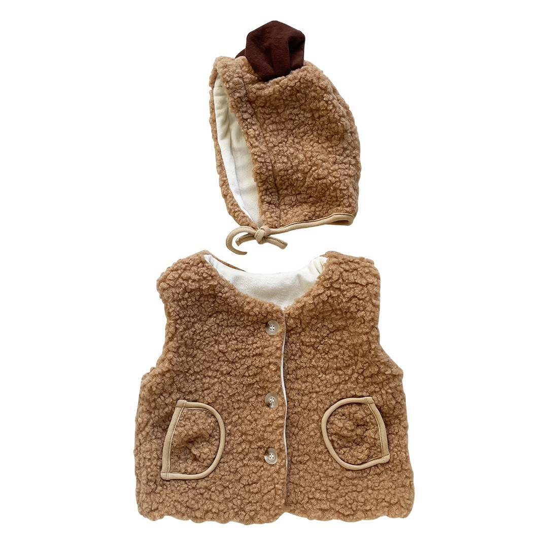 Bebé Otoño e Invierno engrosada lana de cordero sin mangas chaleco Corea del Sur bebé oso bordado chaleco pequeño abrigo con sombrero para libre