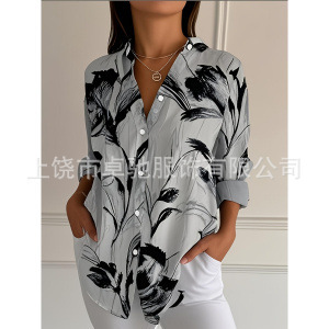 新款2025女士长款衬衫女夏季欧美潮流长袖衬衫印花图案印花3D衬衫|undefined