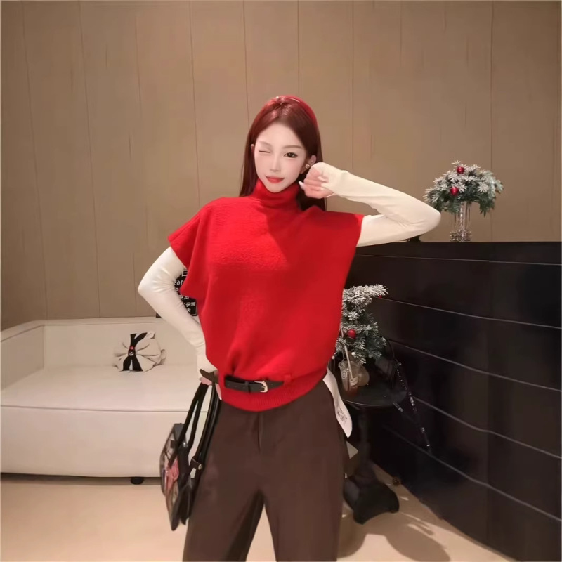 Christmas Red Atmosphere High-Neck Knitted Vest for Women, Autumn and Winter Lazy Style Inner Sweater with Belt