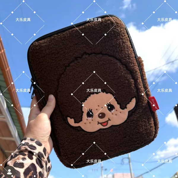 In-Stock Monchhichi Cartoon Plush Embroidered Tablet Protective Case, Portable Storage Bag, Anti-Drop Computer Bag, Inner Liner Bag