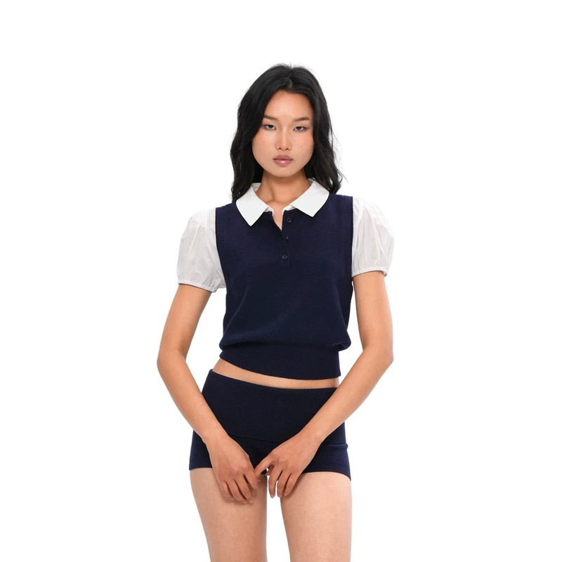 Sweetchilling26 Spring Knitted Polo Collar Fake Two-Piece Sweater Top Knitted Shorts