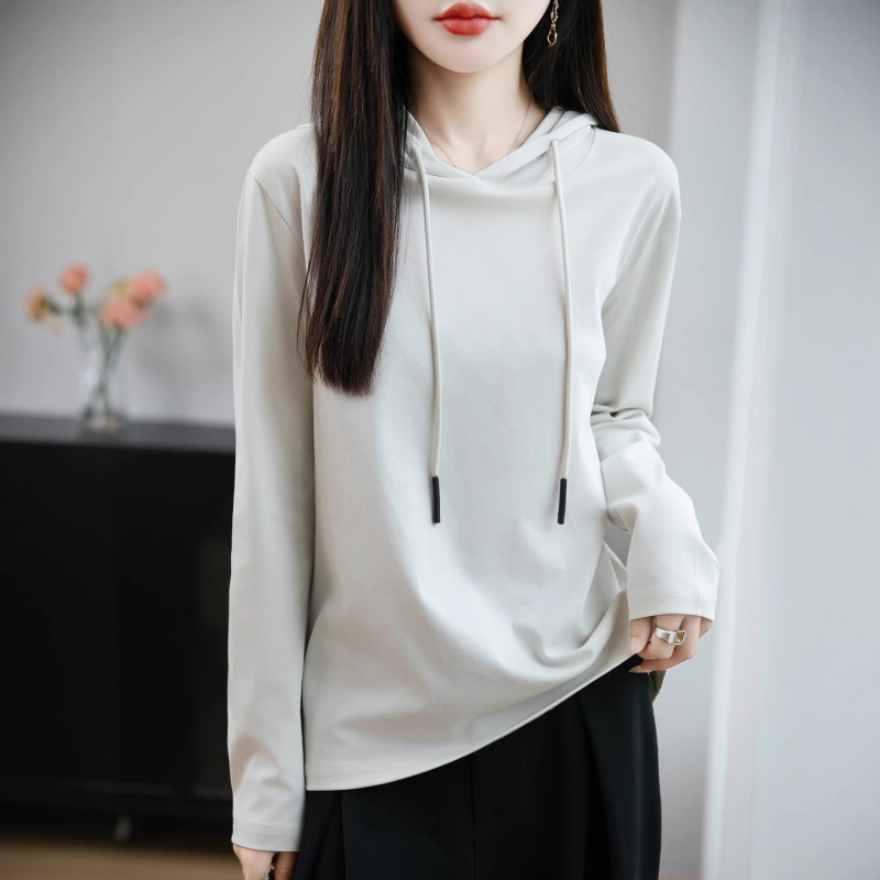 Hoodie Silk-Gloss Cotton Long-Sleeved T-Shirt 26 Spring and Summer New Style Loose Pure Cotton Long-Sleeved Simple T-Shirt Pure Color Casual Sweatshirt