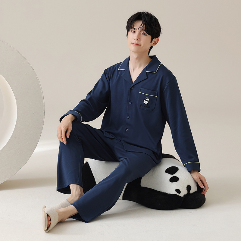 남성 잠옷 봄 가을 신상 2024 가디건 루즈 순면 편안한 대형 청년 및 중년층이 집에서 입을 수 있는 옷