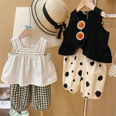 2023 Girls Summer Korean Style Children's Clothing Suspender Set New Fashionable Children's Bloomers Baby Two-piece Set