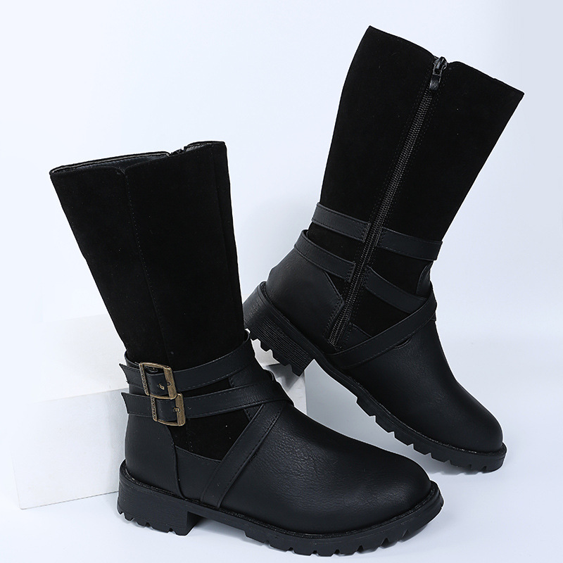 Damenschuhe, Martin-Stiefel mit mittlerer Röhre, Gürtelschnalle, runder Kopf, niedriger Absatz, Ritterstiefel mit seitlichem Reißverschluss, Lederstiefel_voghion.com