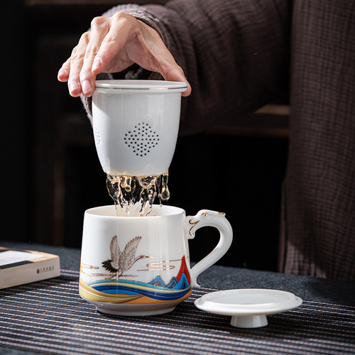Sheer Jade White Porcelain Tea Separation Three-Piece Office Cup Mugs Personal Cup Large Gift Box Set Gift with Logo