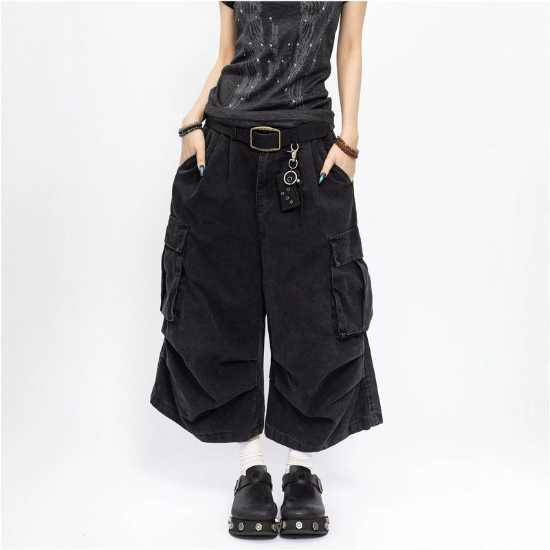High Street Hip-Hop Workwear Wide-Leg Cropped Pants for Women, Summer Loose Fit with Large Pockets, Functional Style K-Pop Trendy Dance Pants