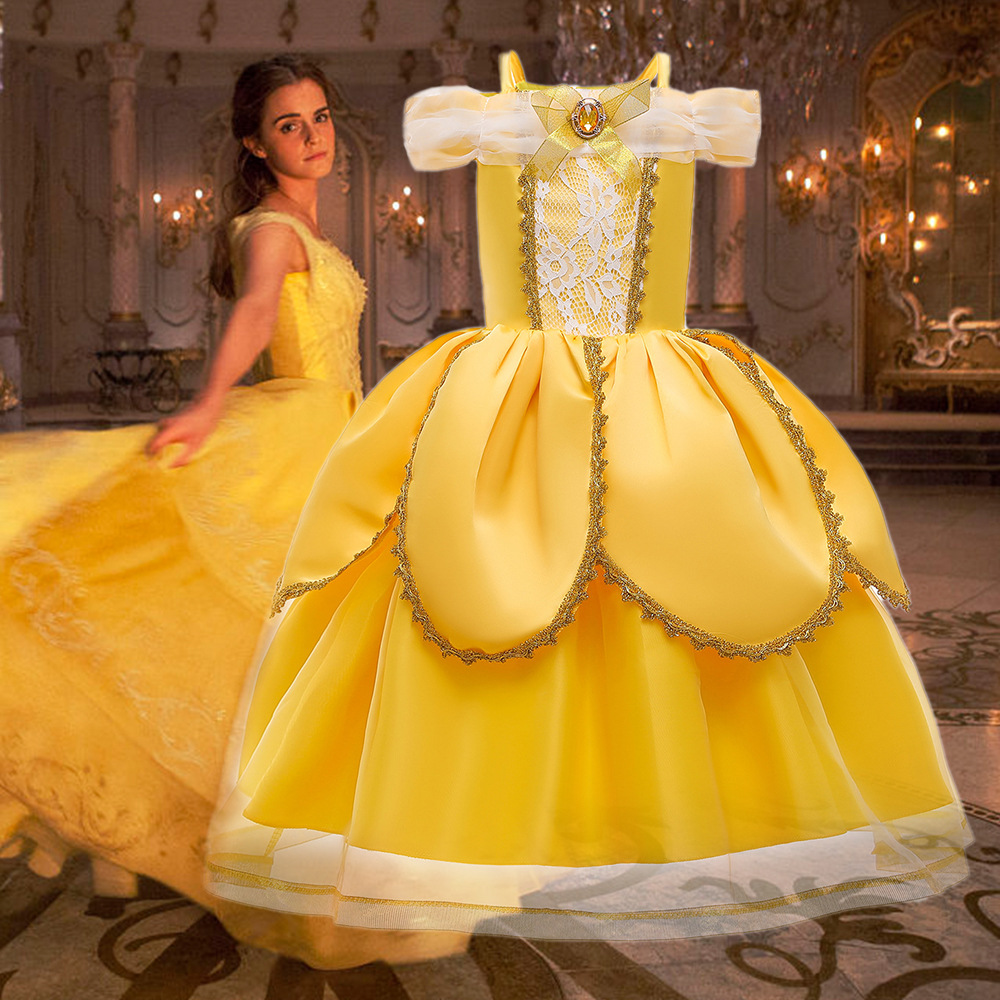 Belle princesa vestido de las niñas del Día del Niño de Halloween bola amarilla Campana de Belleza y Bestia vestido