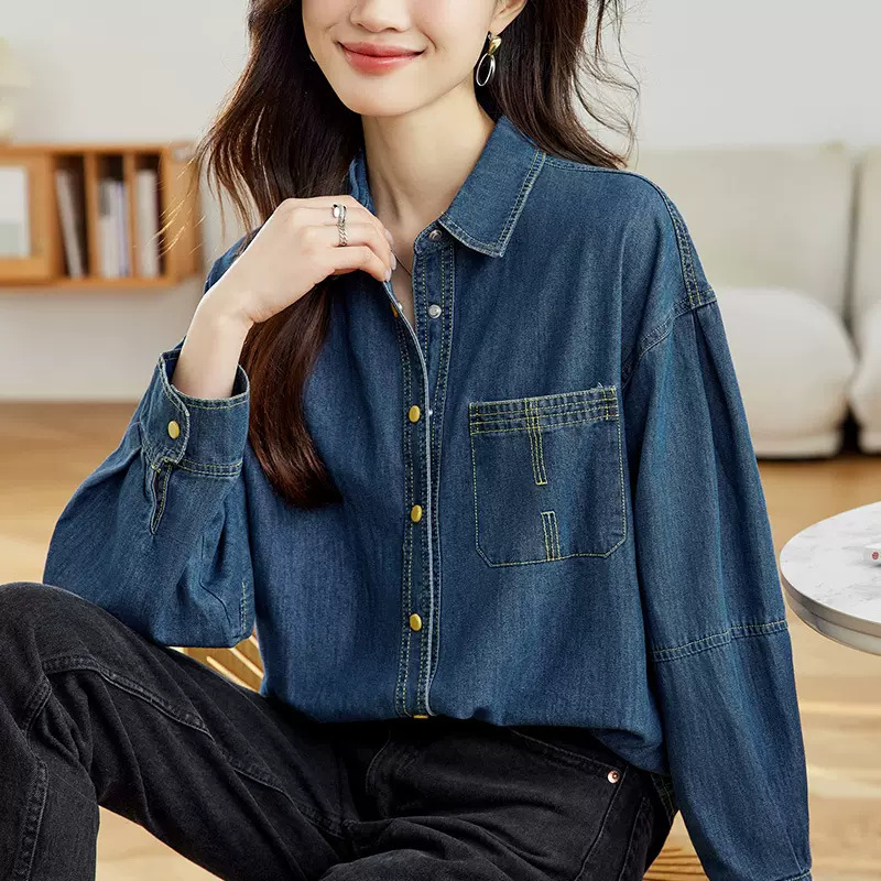 厂家直销蓝色牛仔外套女2025春秋装新款衬衫上衣港风复古叠穿衬衣