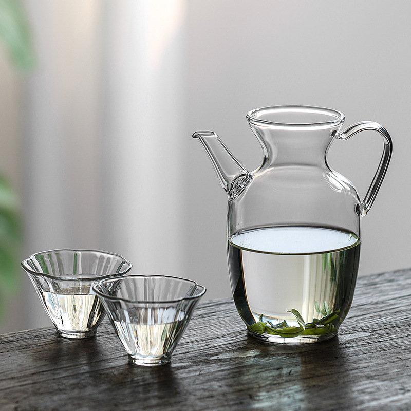 Transparent handle small morning green teapot + 2 hibiscus cups