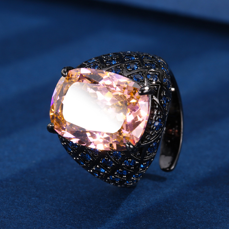 Otoño e invierno nuevo estilo Zhuang Shengsheng joyería fondo de cobre chapado en oro simulación cristal puntiagudo azul anillo retro mujer piedra 12*16