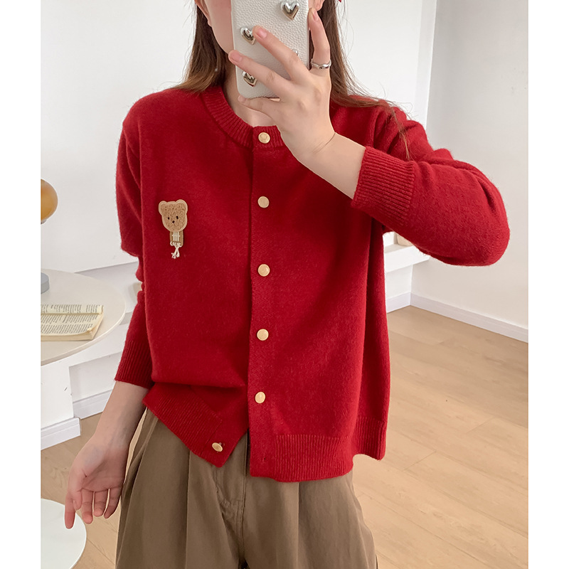 批发韩版春季刺绣卡通小熊宽松开衫减龄百搭上衣针织衫女装短外套|undefined