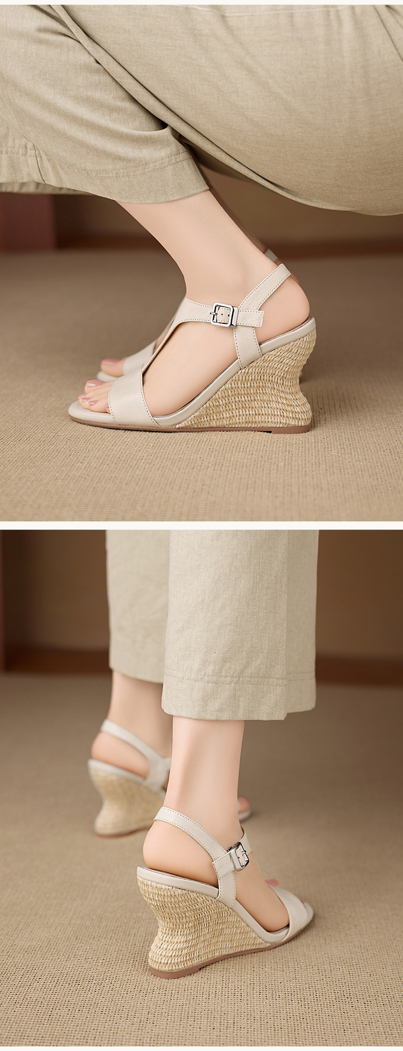 Sandal cao gót nữ quai chữ T đế xuồng đan rơm, hở mũi, gót 9 cm — màu trắng ngà, màu mơ chi tiết 9