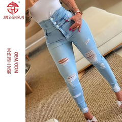 跨境破洞提臀高腰紧身牛长裤瘦显弹力牛仔多排扣铅笔小脚裤浅蓝色
