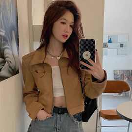 春秋麂皮绒外套女复古港味短款甜酷辣妹设计感翻领长袖夹克上衣潮