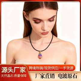 跨境天然水晶电镀水晶牙原石吊坠不规则晶簇混色项链挂饰厂家直销