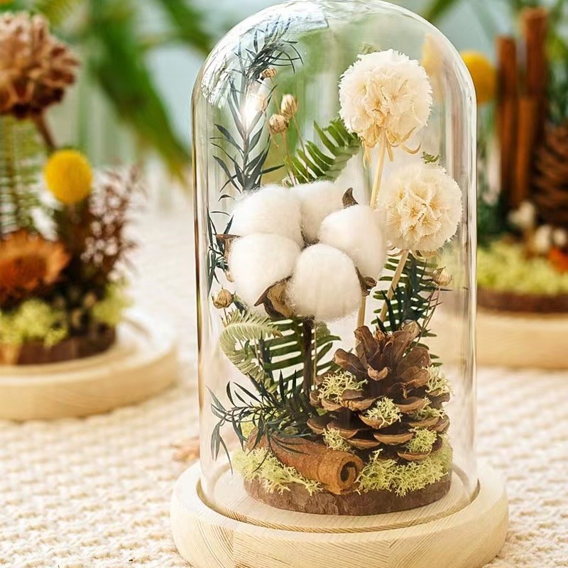 Flor de madera imortales flores secas cubierta de vidrio espécimen de plantas decoración para el hogar regalos de madera para el día de la madre