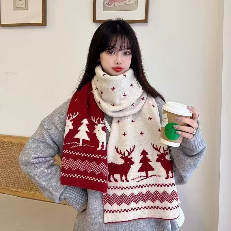 红色圣诞小鹿新年针织冬季围巾百搭情侣保暖毛线学生可爱围脖礼物|undefined