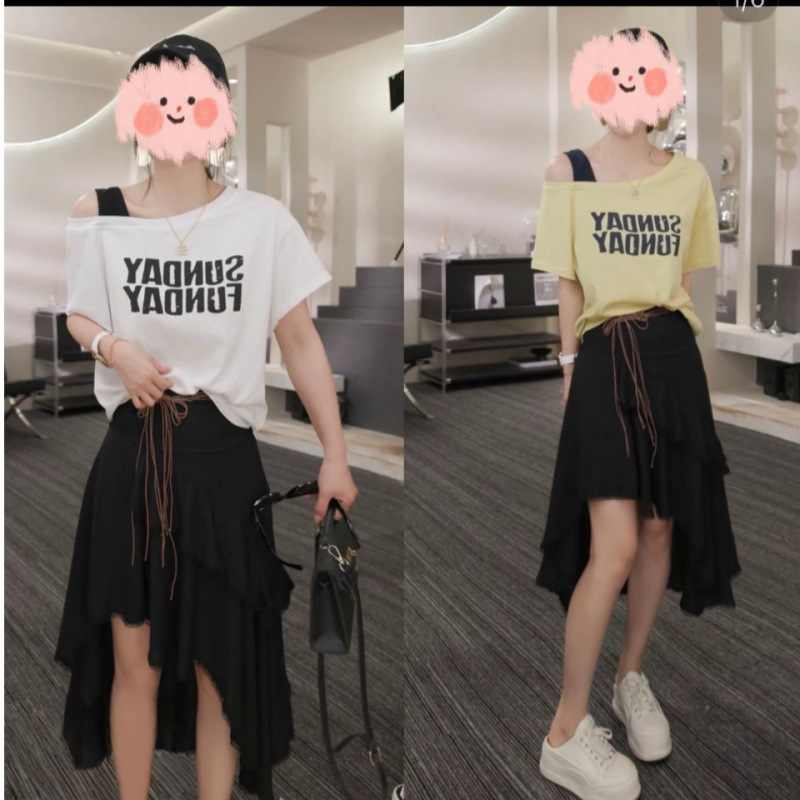 夏の新作ゆったりスリムTシャツトップスーツ、ファッショナブルで多用途、ウエスタンスタイルのハイウエストスカート2点セット|undefined