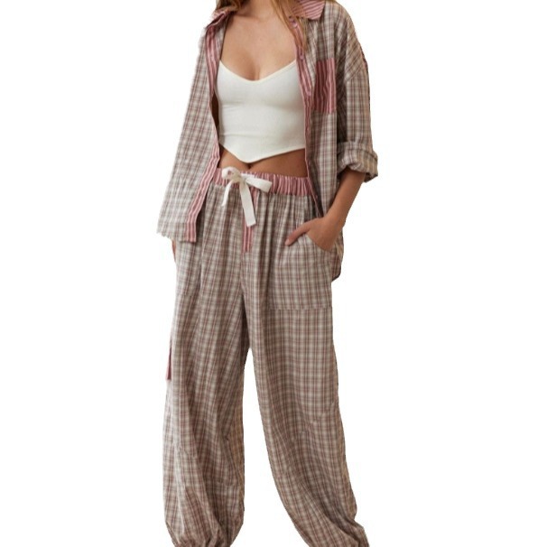 Women's Clothing Women's Plaid Shirt Set Long Sleeve Casual Home Wear Pajamas Autumn For Formal & Casual For Women_ecoleips.com