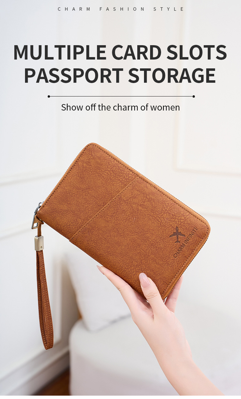 Cross-border new RFID anti-magnetic passport bag long zipper passport holder multifunctional travel ticket storage document bag