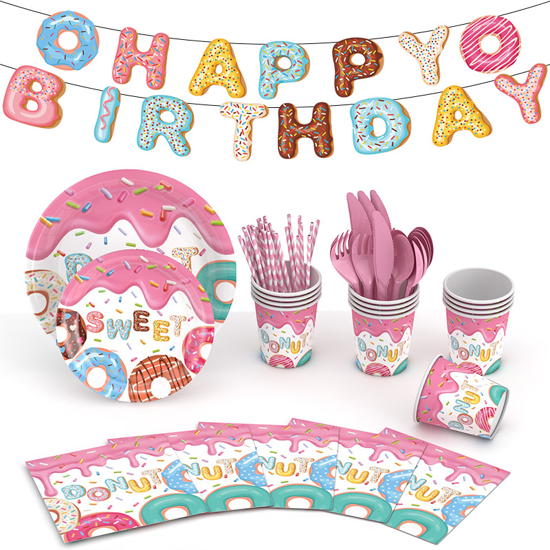 Traje de decoración de taza de papel desechable de Venta caliente transfronteriza donut traje de decoración de fiesta de cumpleaños para niños