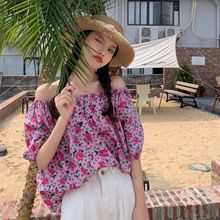 夏季女士短袖一字肩新款衬衫T恤洋气雪纺碎花韩版上衣法式玫红24