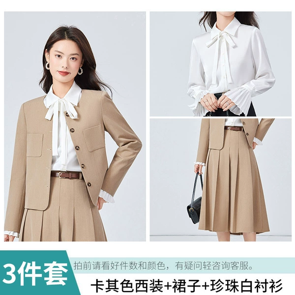 Khaki classic suit jacket, pleated skirt, shirt