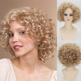 Cross-border best selling European and American wigs fashion temperament golden small curly hair chemical fiber headgear manufacturers a wholesale