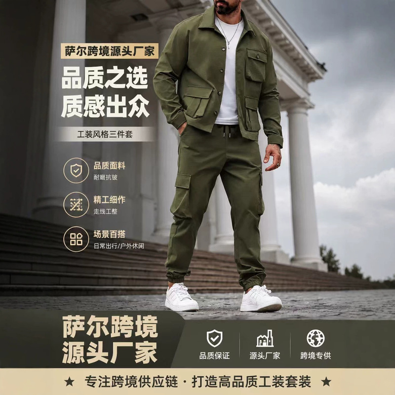 Cross-Border Amazon Autumn American Heavy Men's Retro Work Jacket Multi-Pocket Pants Trendy Tough Guy Suit