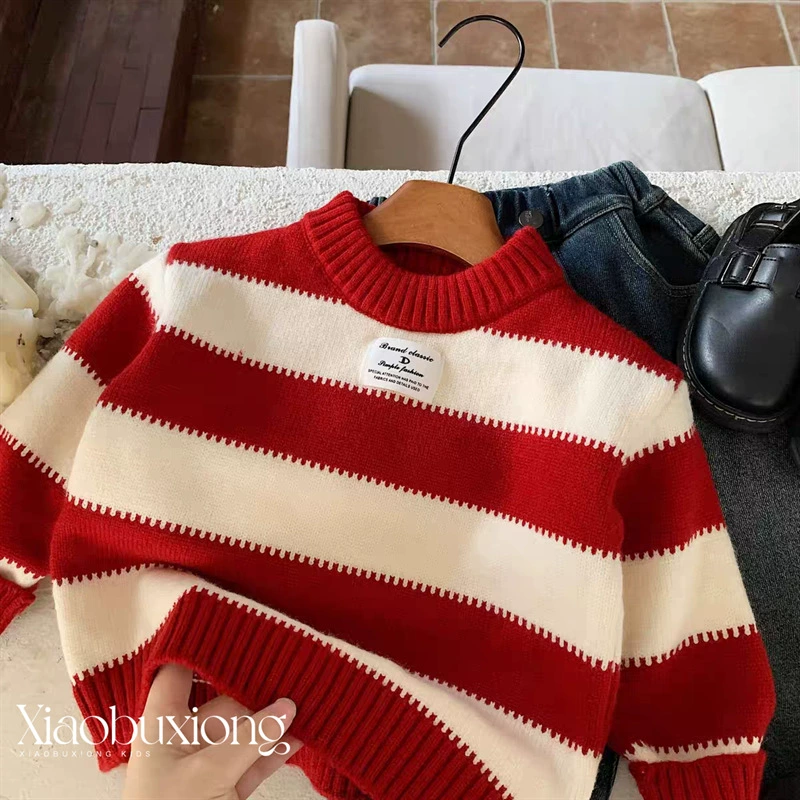 Детский свитер Little Bear 2025: Зимний, в корейском стиле, унисекс, милый, рождественский, в полоску, новогодний наряд, утолщенный базовый слой