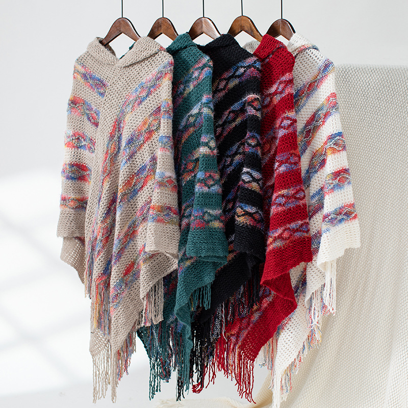 Farbig gestreifter, gestrickter Cape-Schal mit Kapuze und Fransen, lockerer Pullover für Damen_voghion.com
